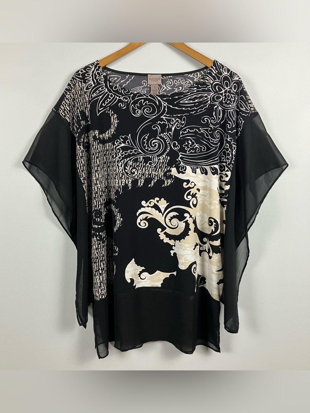 Chico’s Easywear Abstract Paisley Tunic Top Size 1 M/L Black Cream Sheer Dolman